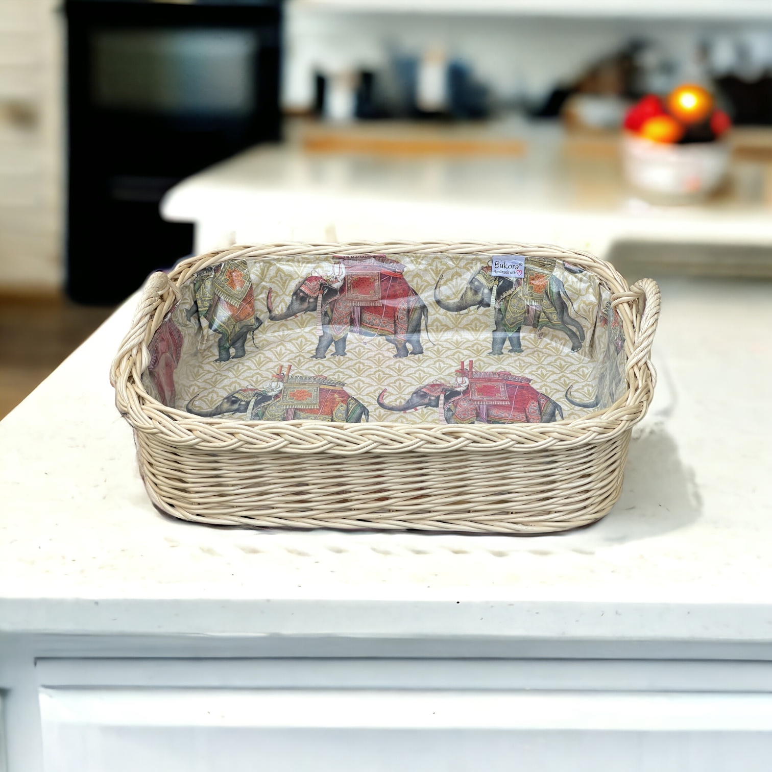 Bukora® Korbtablett mit Stoff indische Elefanten …helle Weide mit 2 Griffen – Bild 4