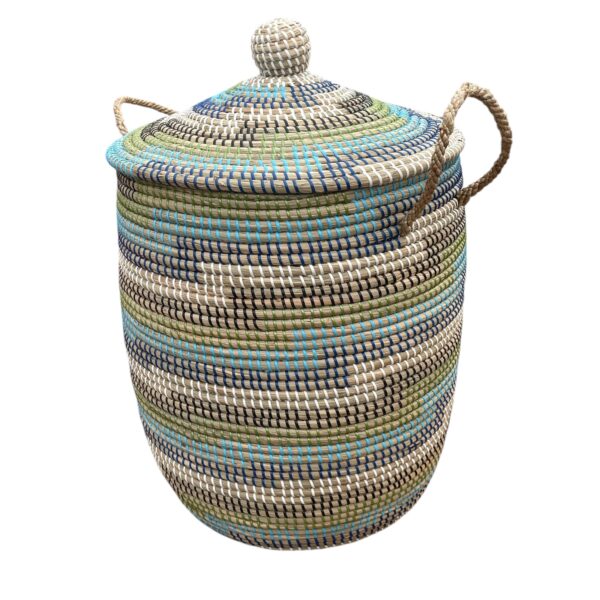 Wäschekorb aus Stroh Afrika Design Muster Blau