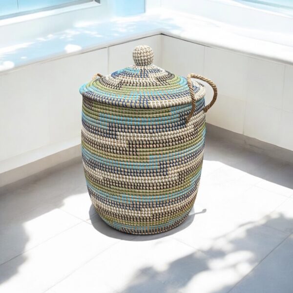 Wäschekorb aus Stroh Afrika Design Muster Blau – Bild 3