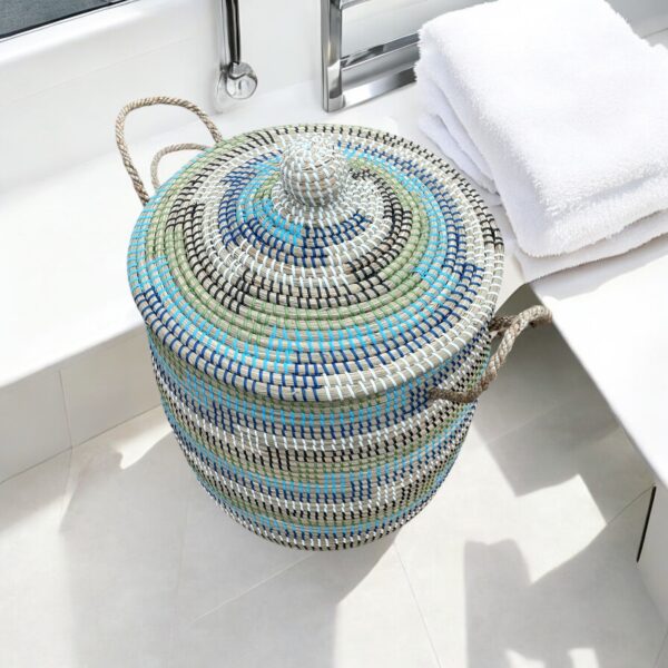 Wäschekorb aus Stroh Afrika Design Muster Blau – Bild 2