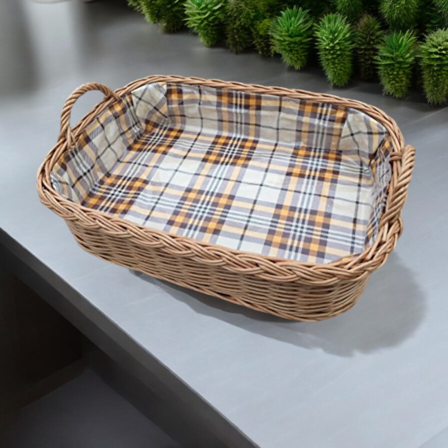Bukora® Tablett aus Weide mit Futter Gelb Braun Groß kariert mit 2 Griffen