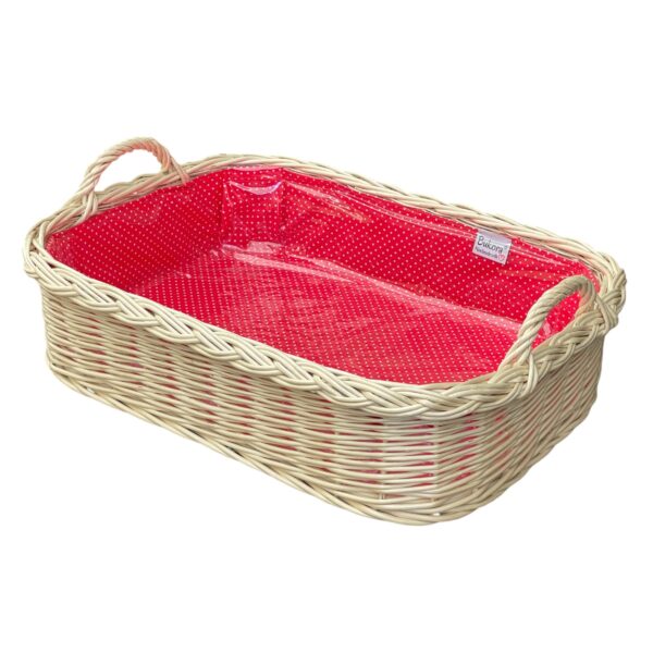 Weidenkorb Tablett mit Griffen, rotem Punktestoff & Holzboden – ideal für Haushalt & Garten