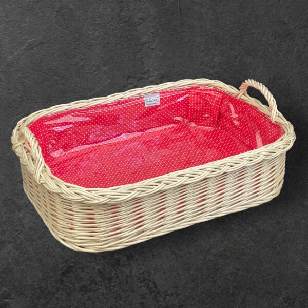 Weidenkorb Tablett mit Griffen, rotem Punktestoff & Holzboden – ideal für Haushalt & Garten