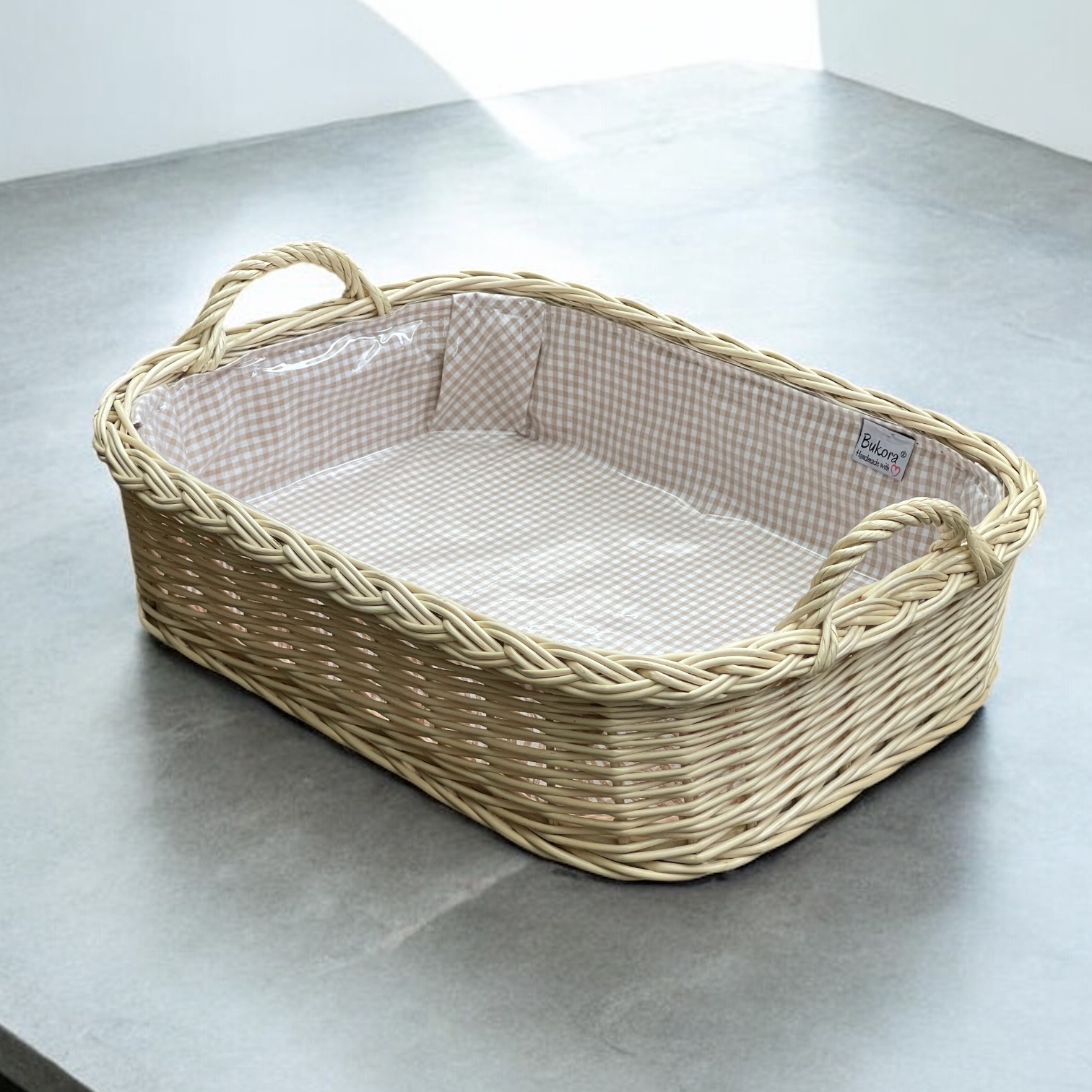 Bukora® Korbtablett aus heller Weide mit 2 Griffen und fein kariertem Stoffeinsatz in Olive-Grau – Bild 10