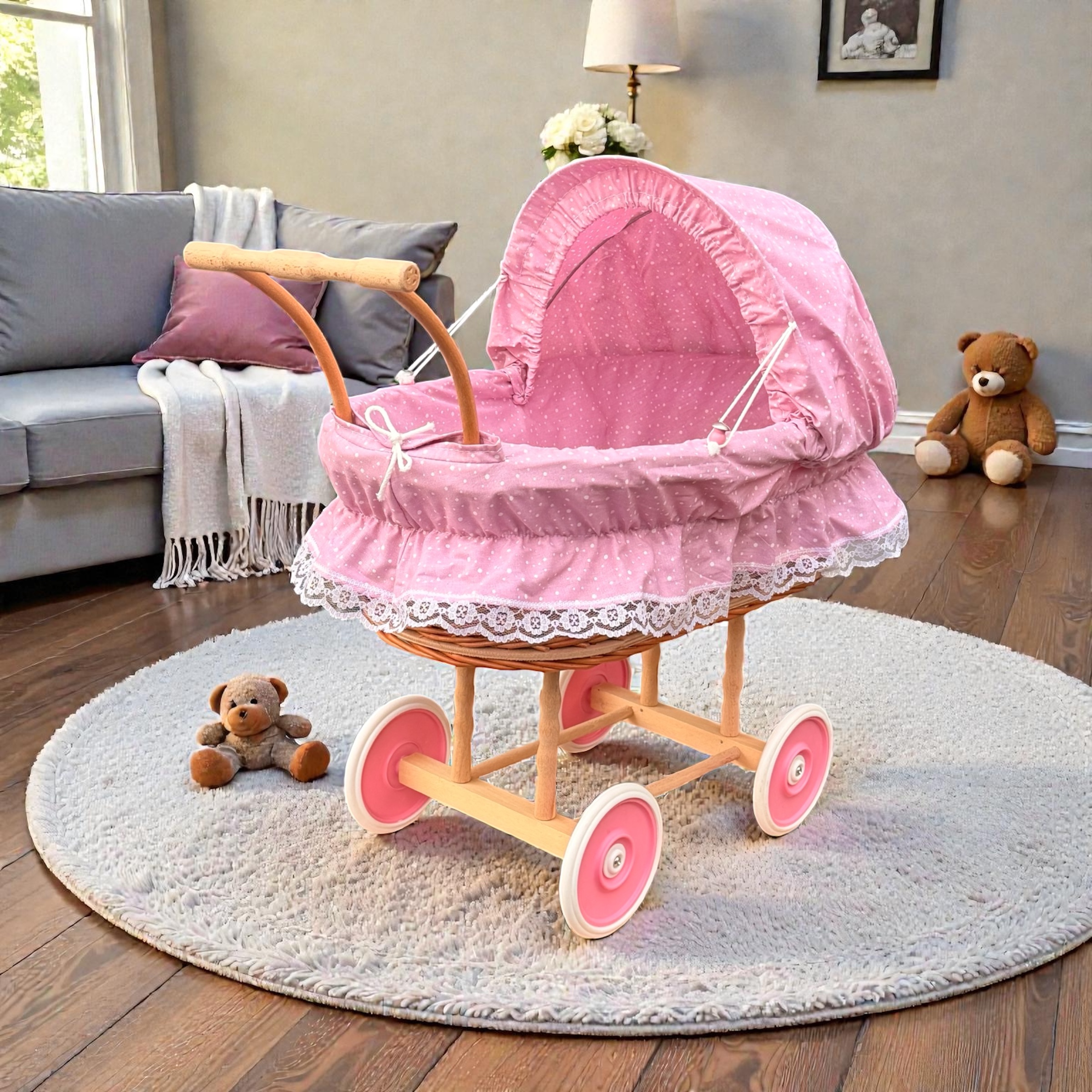 Korbpuppenwagen für Kinder Außenmaße: ca. 58 cm lang × 32 cm breit × 58 cm hoch (bis Griffhöhe ca. 48 cm)