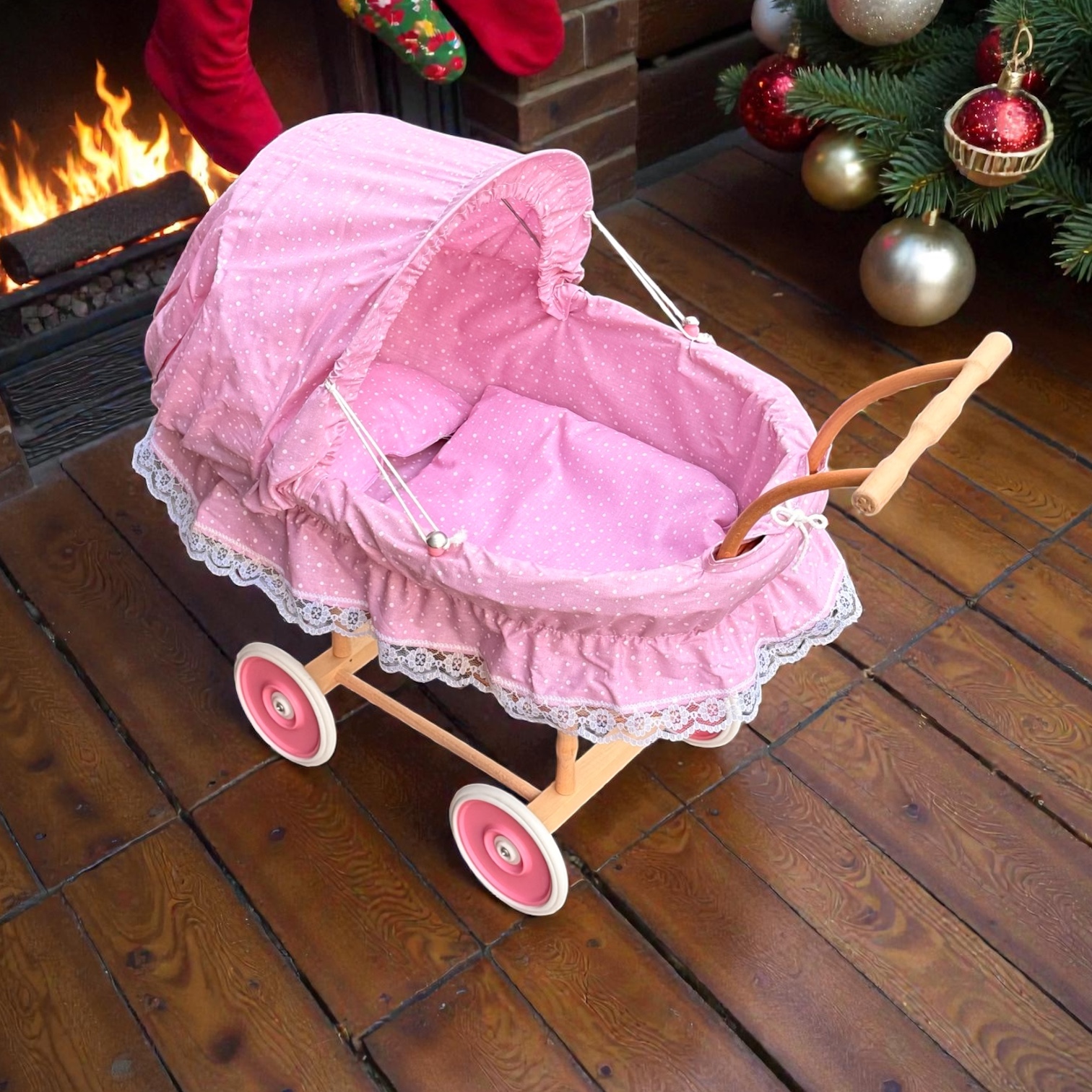 Korbpuppenwagen für Kinder Außenmaße: ca. 58 cm lang × 32 cm breit × 58 cm hoch (bis Griffhöhe ca. 48 cm)