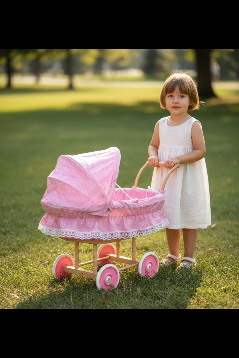 Korbpuppenwagen für Kinder Außenmaße: ca. 58 cm lang × 32 cm breit × 58 cm hoch (bis Griffhöhe ca. 48 cm)