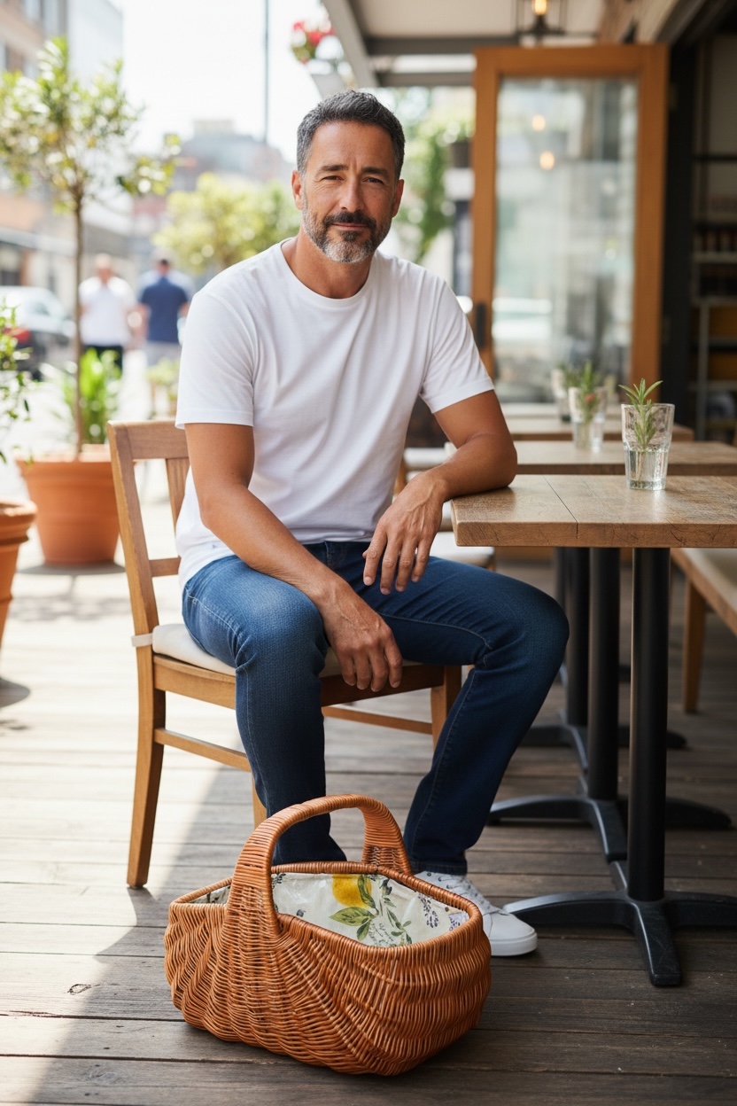 „Bukora® Einkaufskorb – Mann sitzt im Straßencafé mit einem geflochtenen bukora Korb neben sich.“