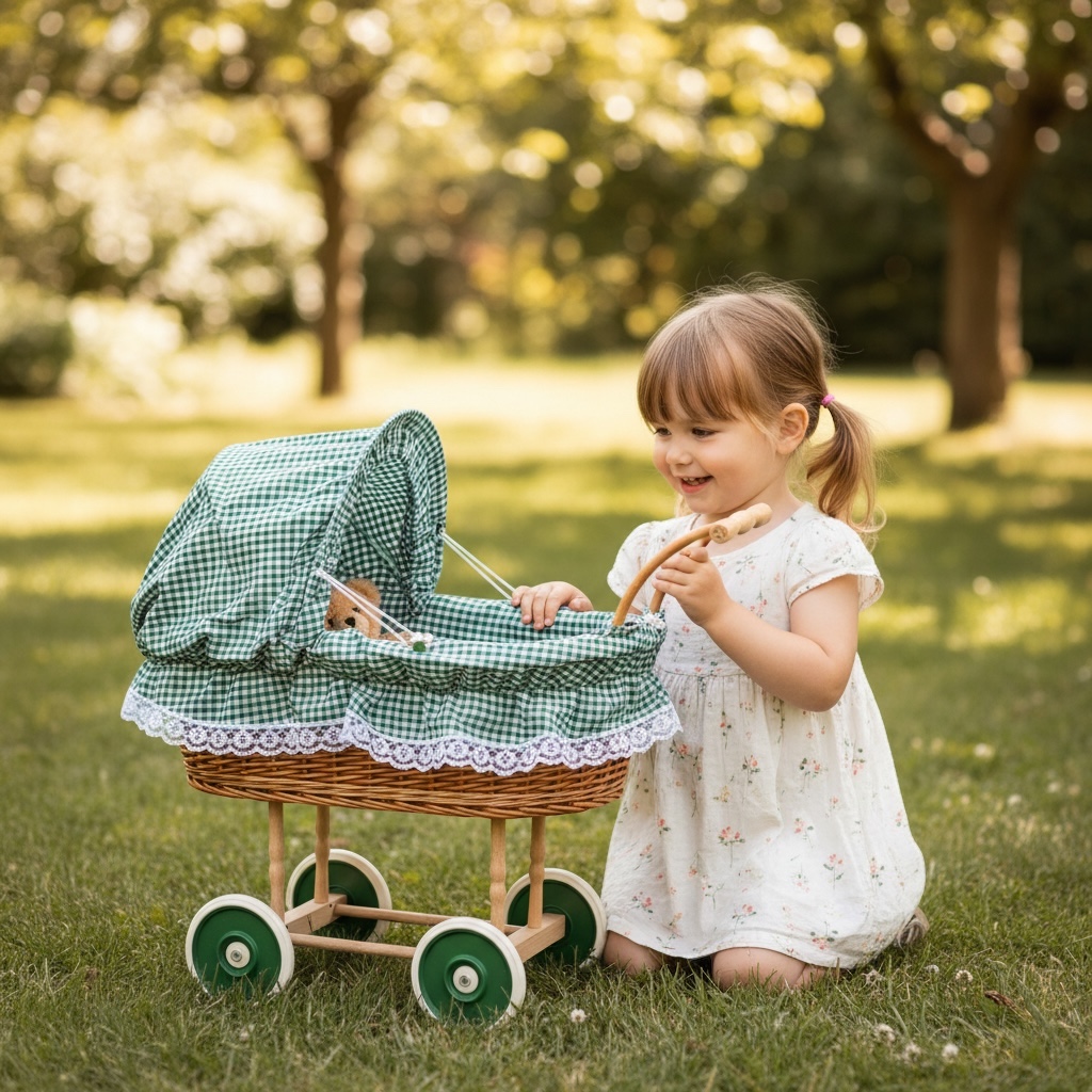Mädchen spielt mit grün kariertem Puppenwagen im Garten