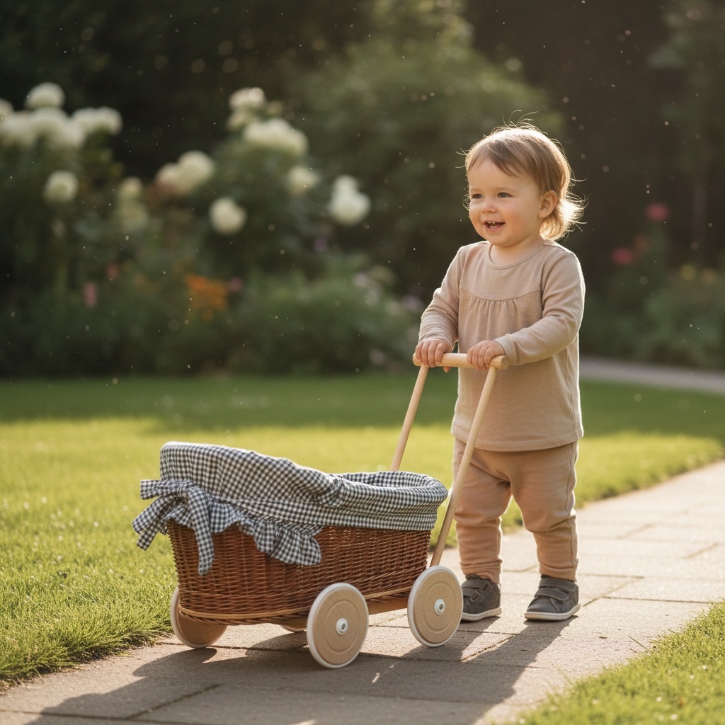 Kind schiebt nachhaltigen Puppenwagen aus Weide als Lauflernhilfe
