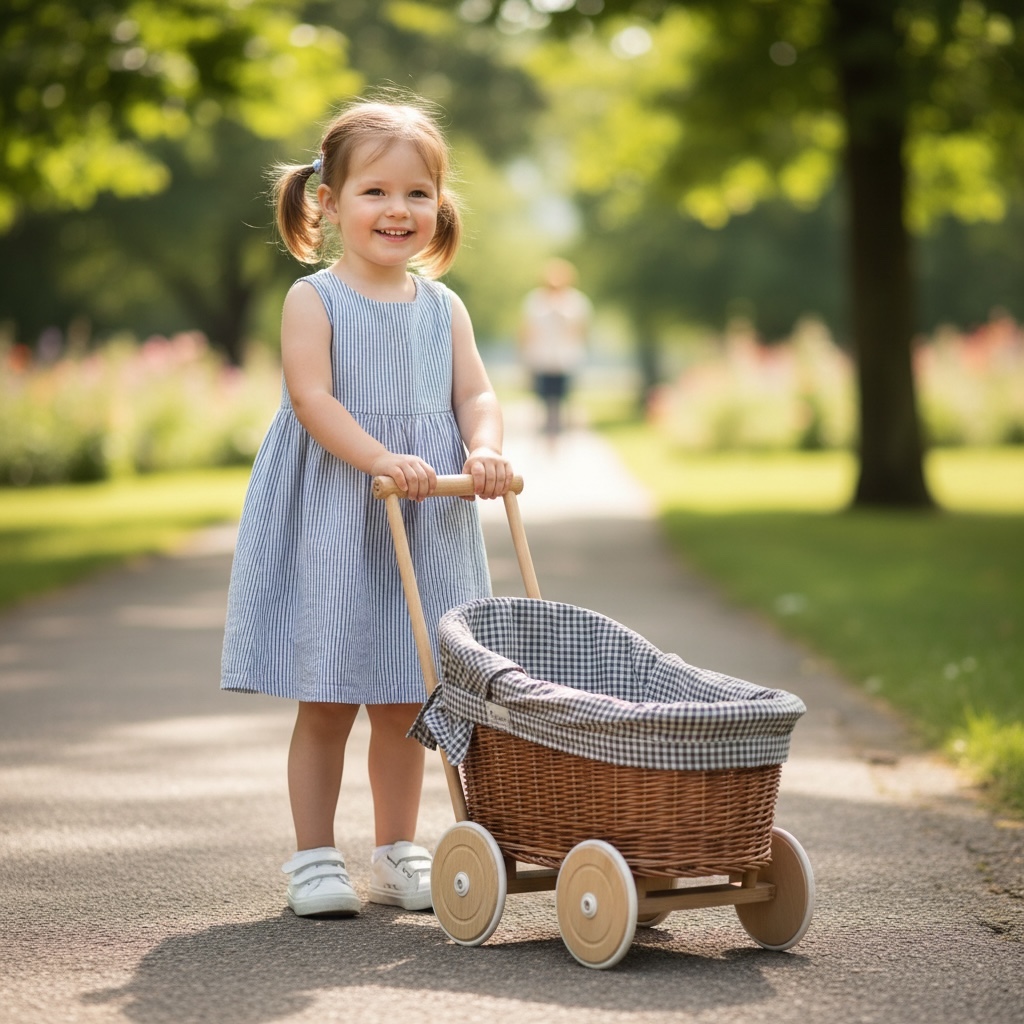 Kind schiebt nachhaltigen Puppenwagen aus Weide als Lauflernhilfe