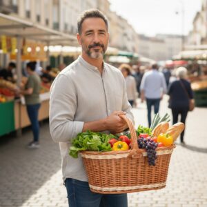 Ovaler Einkaufskorb aus zweifarbiger Weide mit verstärktem Griff