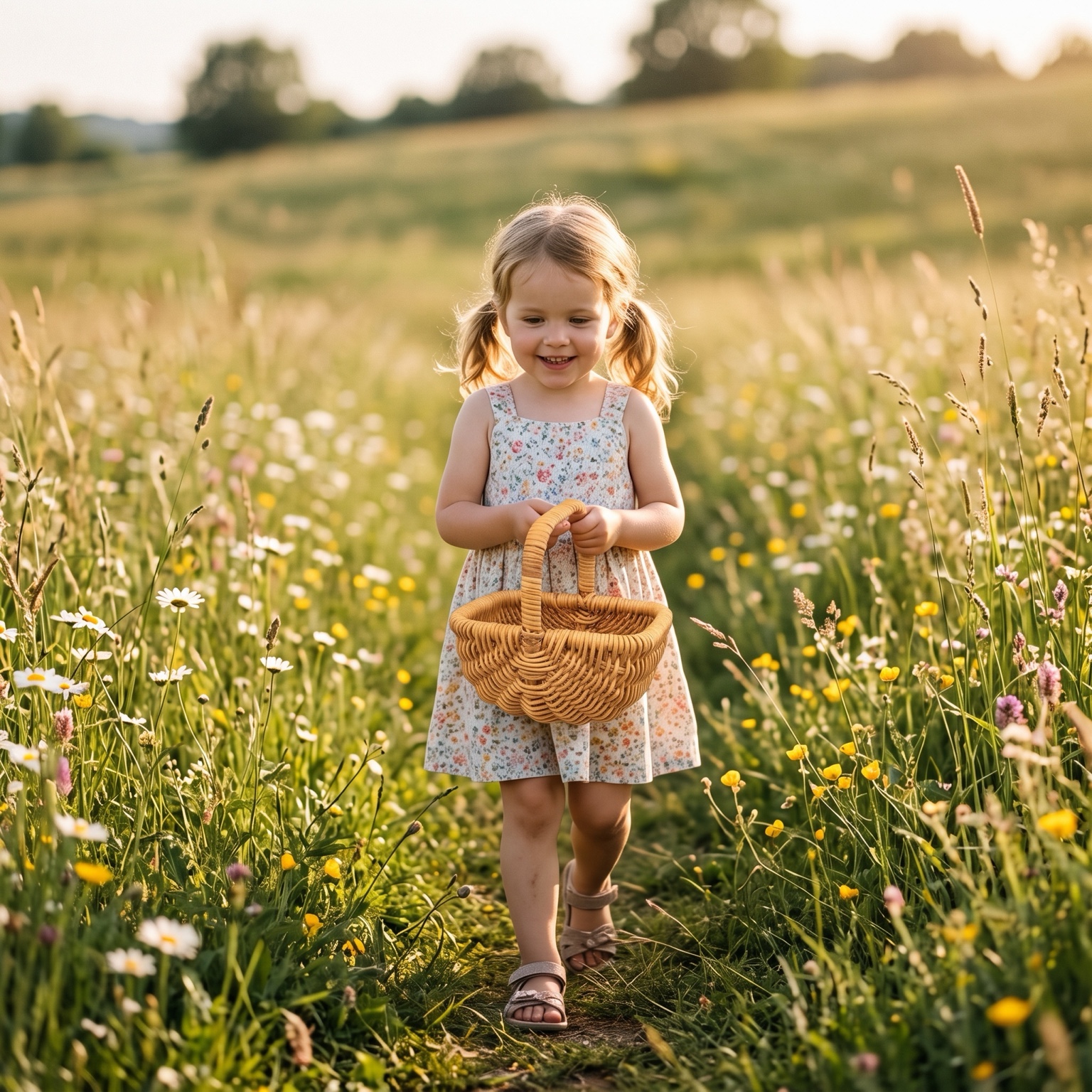 Kind mit honigfarbenem Kinderkorb aus Peddigrohr auf einer Blumenwiese.