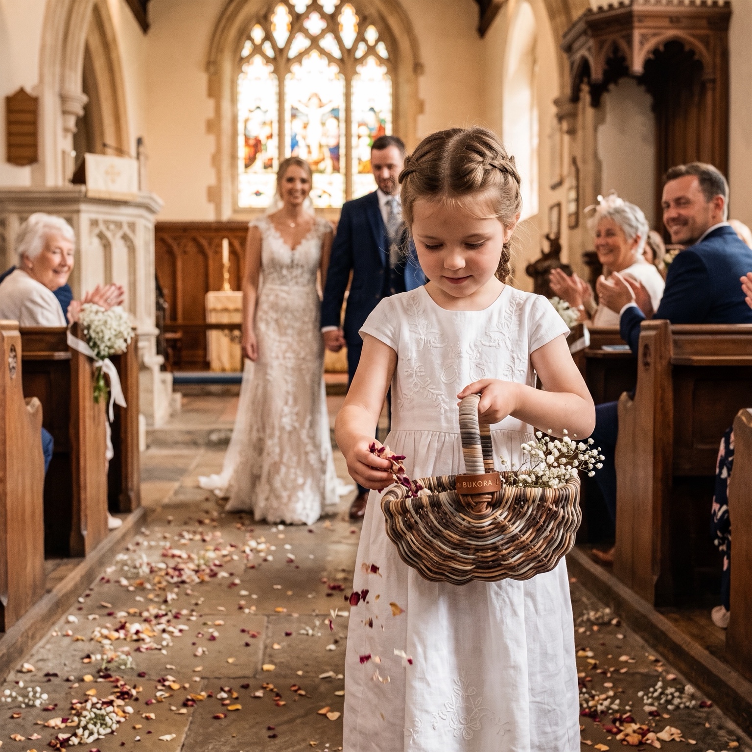 Blumenkind mit einem Kinderkorb aus Peddigrohr bei einer Hochzeit in einer Kirche.