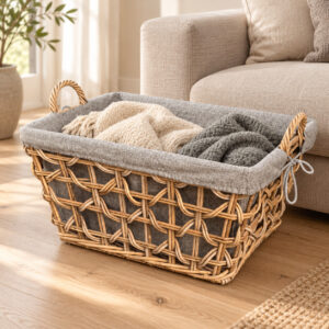 Rattankorb Biggy rechteckig mit grauem Stoffinlett und zwei Decken neben einem hellen Sofa.
