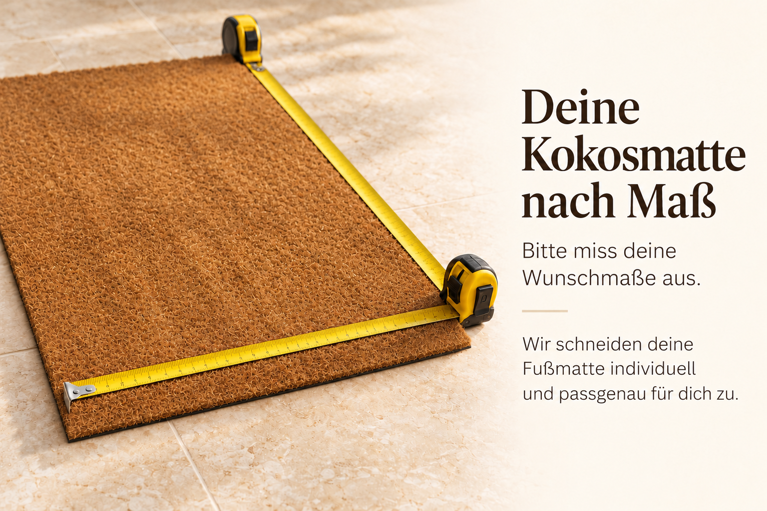 Kokosmatte mit Maßband: Bitte miss deine Wunschmaße aus. Wir schneiden deine Fußmatte individuell und passgenau für dich zu.