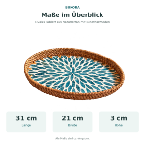 Maßgrafik zum ovalen Bukora-Rattantablett: ca. 31 cm lang, 21 cm breit und 3 cm hoch.