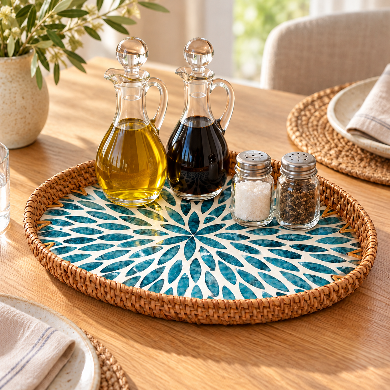 Ovales Bukora-Tablett mit türkisweißer Blütenrosette auf einem Esstisch, bestückt mit Essig- und Ölflasche sowie Salz- und Pfefferstreuer.