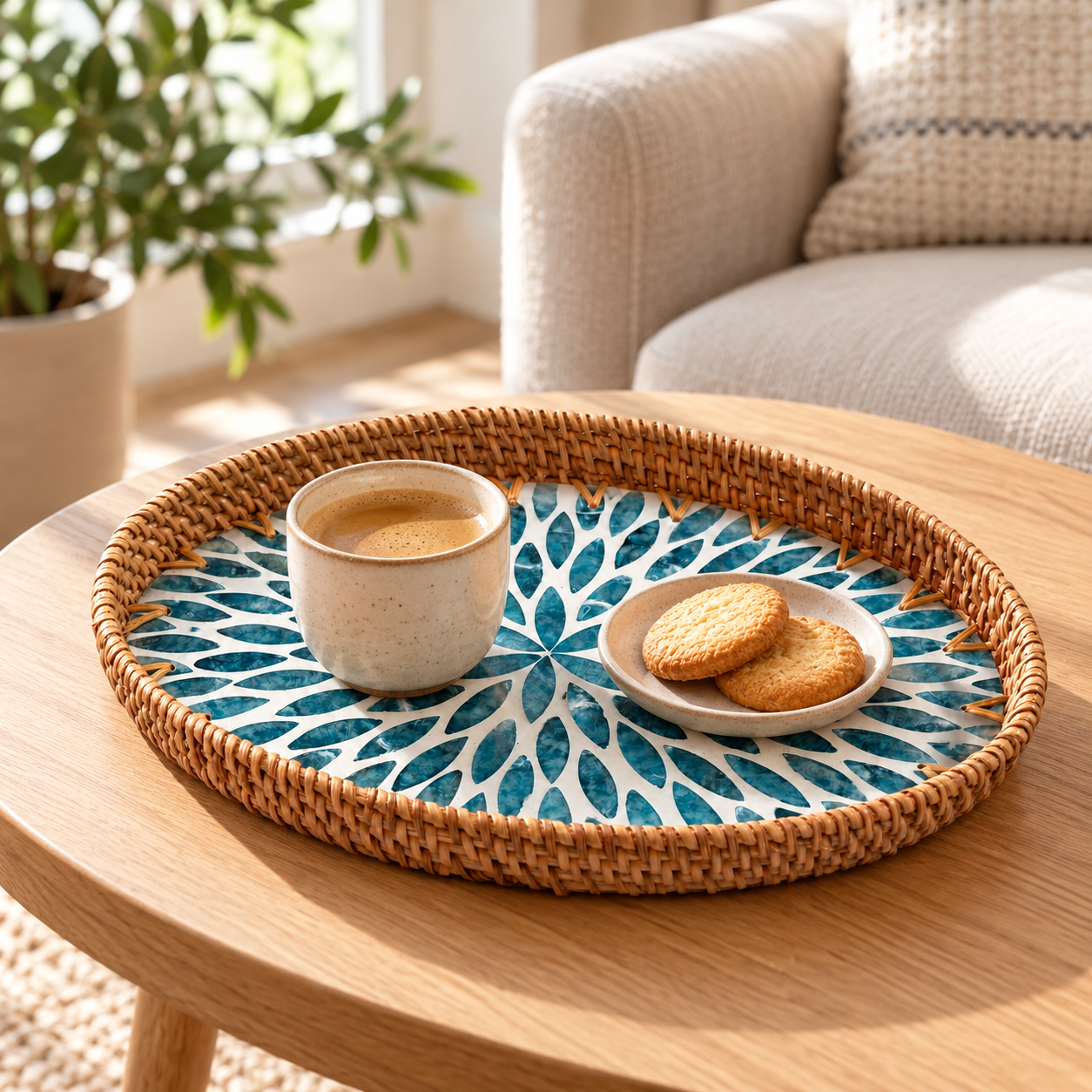 Ovales Bukora-Tablett aus Naturrattan mit türkisweißem Blütenmuster, darauf eine Espressotasse und ein Teller mit zwei Keksen.