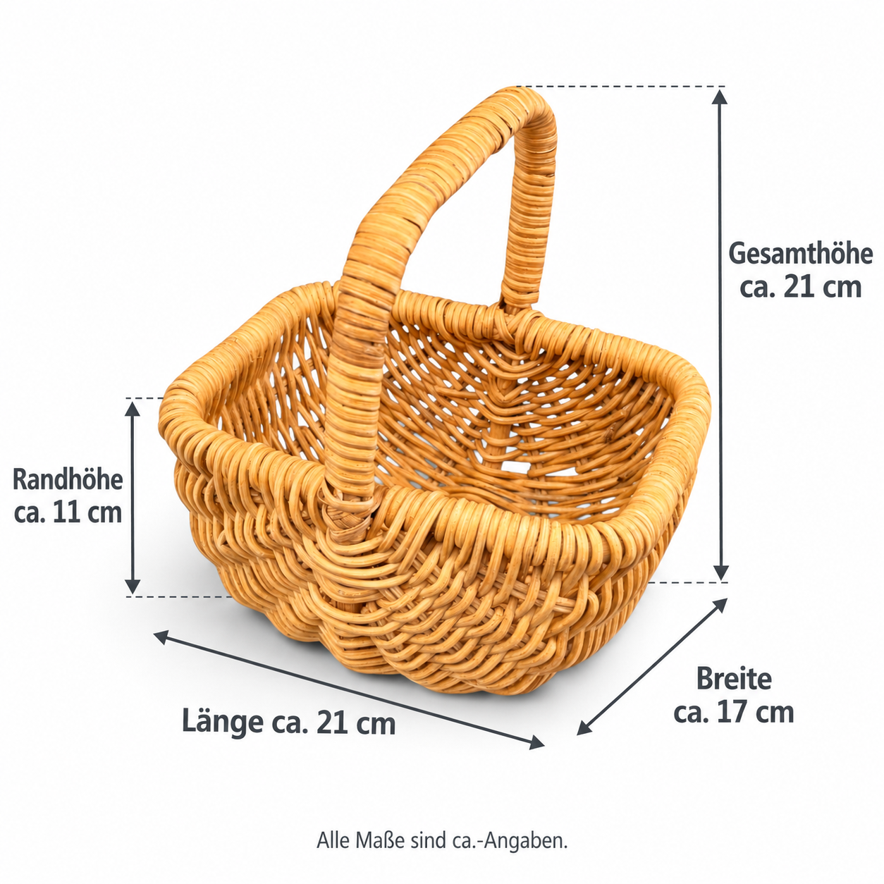 Maßbild: Länge ca. 21 cm, Breite ca. 17 cm, Randhöhe ca. 11 cm, Gesamthöhe mit Henkel ca. 21 cm.