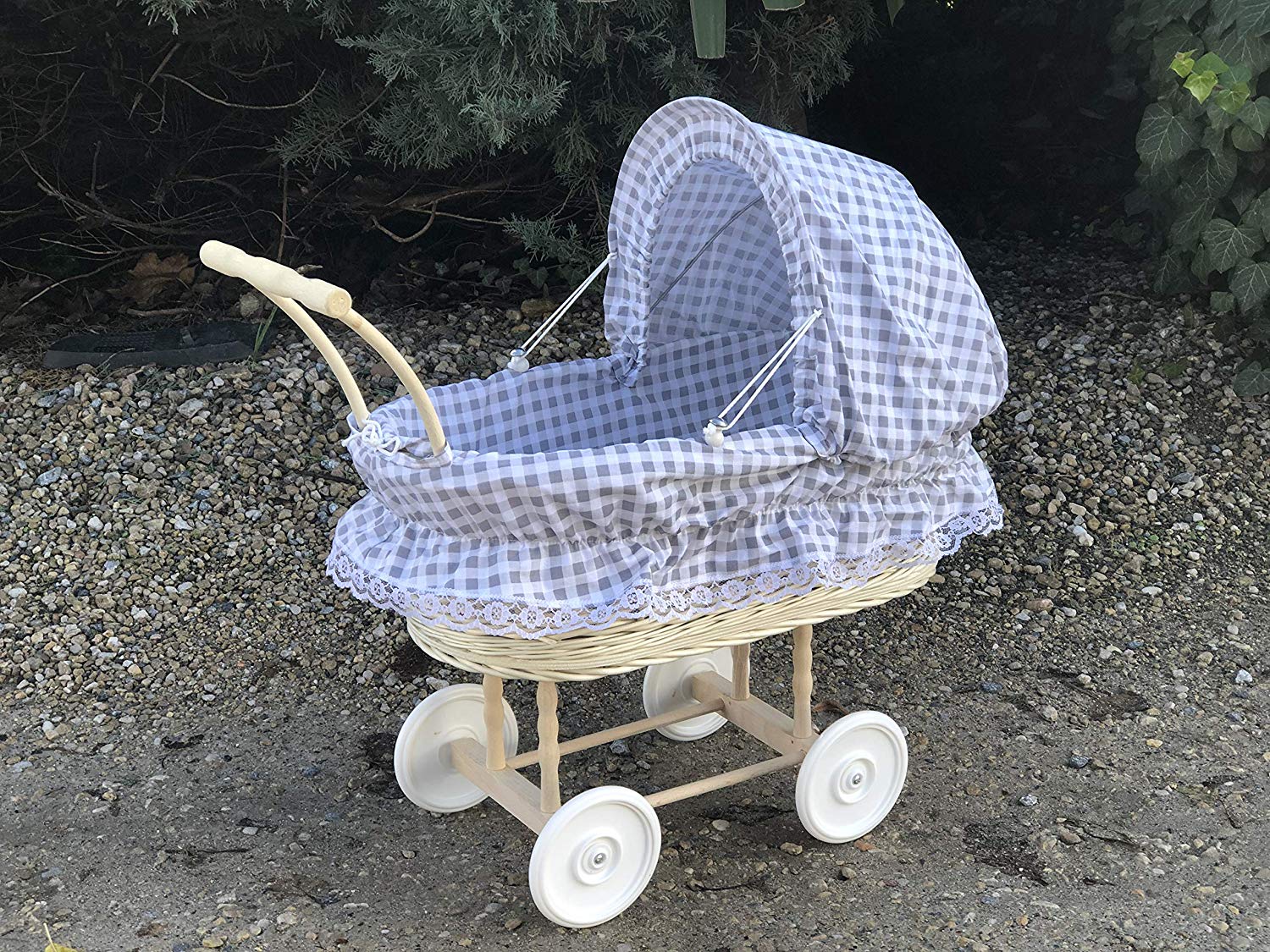 Bukora® Puppenwagen aus Heller Weide Grau Groß kariert und Holzgriff...extra stabil... – Bild 5
