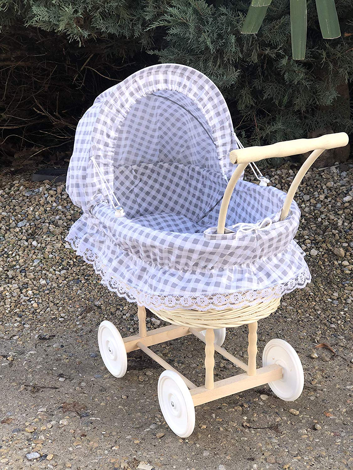 Bukora® Puppenwagen aus Heller Weide Grau Groß kariert und Holzgriff...extra stabil... – Bild 7
