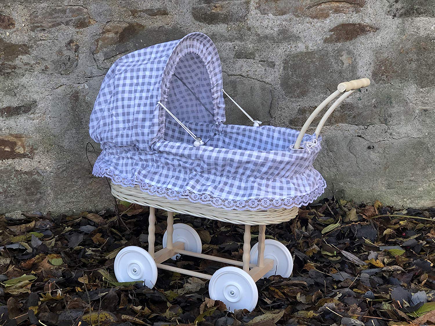 Bukora® Puppenwagen aus Heller Weide Grau Groß kariert und Holzgriff...extra stabil... – Bild 2