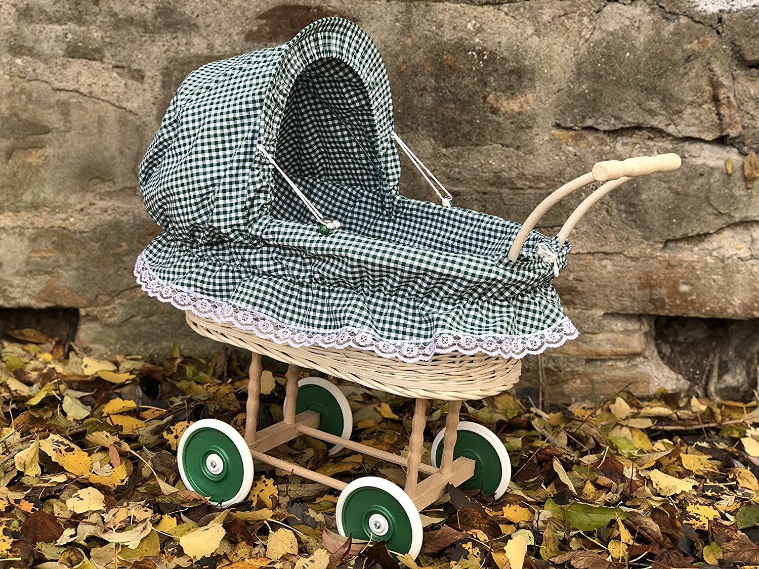 Bukora ® Puppenwagen aus Heller Weide Grün kariert und Holzgriff...extra stabil... – Bild 3