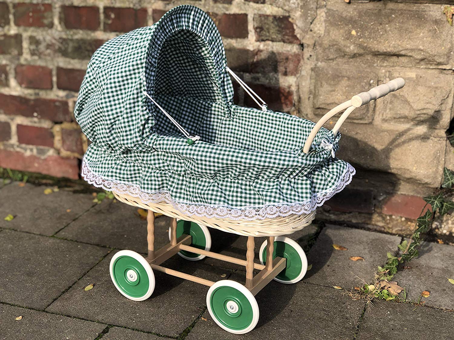 Bukora ® Puppenwagen aus Heller Weide Grün kariert und Holzgriff...extra stabil... – Bild 6
