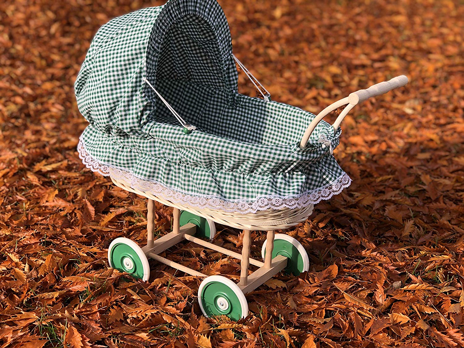 Bukora ® Puppenwagen aus Heller Weide Grün kariert und Holzgriff...extra stabil... – Bild 7