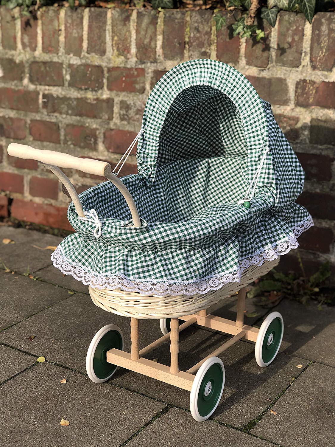 Bukora ® Puppenwagen aus Heller Weide Grün kariert und Holzgriff...extra stabil... – Bild 9