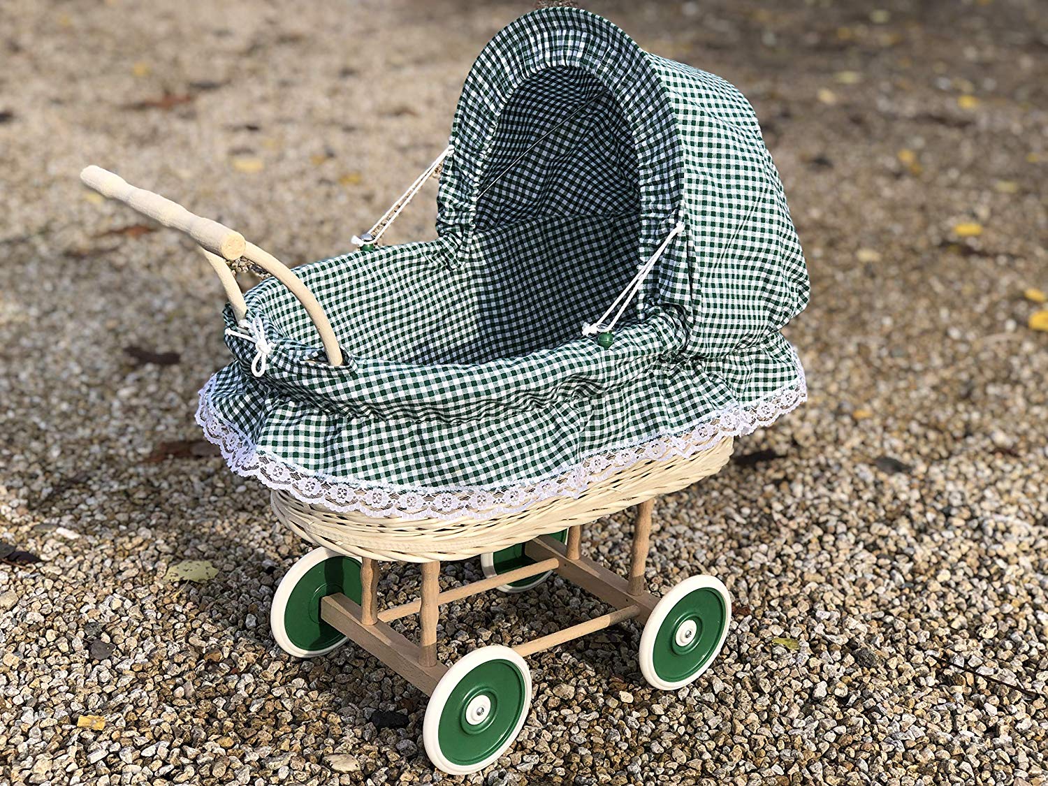 Bukora ® Puppenwagen aus Heller Weide Grün kariert und Holzgriff...extra stabil... – Bild 2