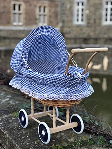 Bukora® Puppenwagen aus Weide Blau fein kariert mit Holzgriff...extra stabil...
