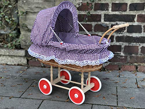 Bukora® Puppenwagen aus Weide Bordeaux Rot Kariert ...extra stabil...