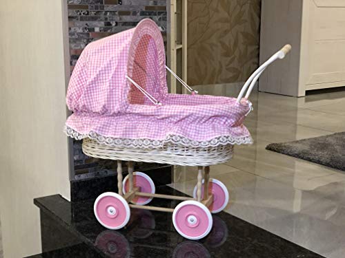 Bukora® Korbwaren Puppenwagen aus Heller Weide Rosa fein kariert und Holzgriff...extra stabil...