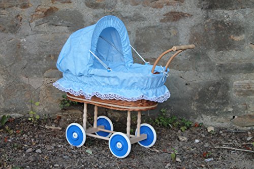 Burkhardt Korbwaren Puppenwagen aus Weide mit Blau Kariert und Holzgriff...Extra Stabil...