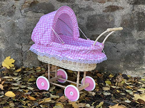 Bukora® Puppenwagen aus heller Weide mit Rosa Groß kariert und Holzgriff...extra stabil...
