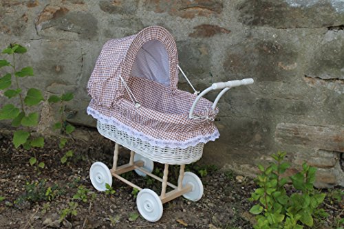 Puppenwagen " Weiß lackiert "aus Weide Braun fein kariert und Holzgriff...extra stabil...