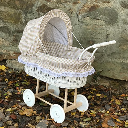 Bukora® Puppenwagen " Weiß lackiert "aus Weide Olivgrau kariert und Holzgriff...extra stabil...