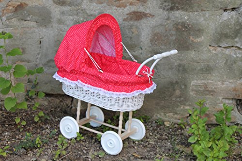Puppenwagen Weiß lackiert aus Weide mit Rot mit Punkten und Holzgriff...extra stabil...