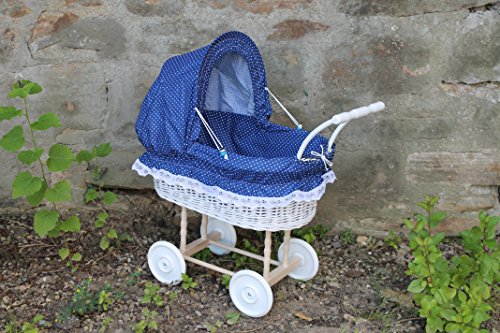 Puppenwagen Weiß lackiert Stoff mit Blau mit Punkten und Holzgriff...extra stabil...