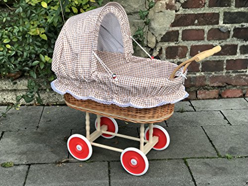Puppenwagen aus Weide Braun fein kariert und Holzgriff...extra stabil...