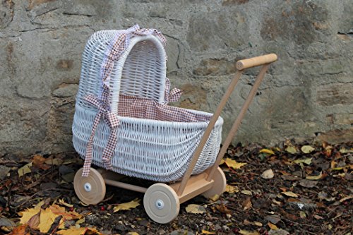 Puppenwagen aus Weide Weiß lackiert mit geflochtenem Verdeck und Holzgriff...Stoff Braun fein kariert...extra Stabil...