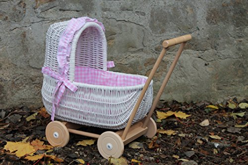 Puppenwagen aus Weide Weiß lackiert mit geflochtenem Verdeck und Holzgriff...Stoff Rosa kariert...extra Stabil...