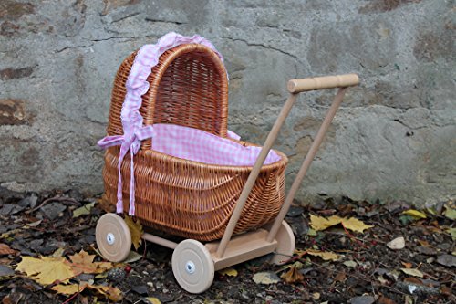Puppenwagen aus Weide mit geflochtenem Verdeck und Holzgriff...Stoff Rosa kariert...extra Stabil...