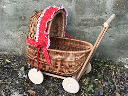 Puppenwagen aus Weide mit geflochtenem Verdeck und Holzgriff...Stoff Rot mit Punkten...etra Stabil...