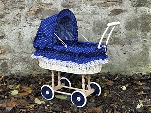Bukora® Puppenwagen aus heller Weide Blau mit Punkten und Holzgriff...extra stabil...
