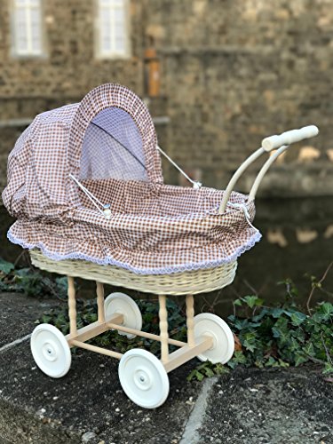 Bukora® Puppenwagen aus heller Weide Braun kariert und Holzgriff...extra stabil...