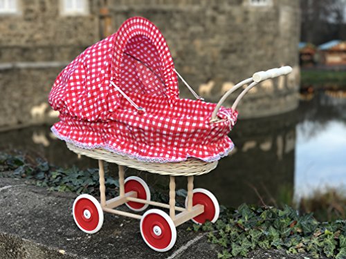 Puppenwagen aus heller Weide Rot kariert und Holzgriff...extra stabil...