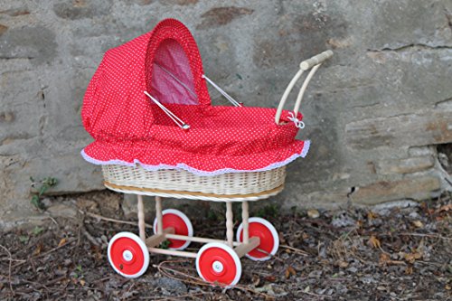 Puppenwagen aus heller Weide Rot mit Punkten und Holzgriff...extra stabil...